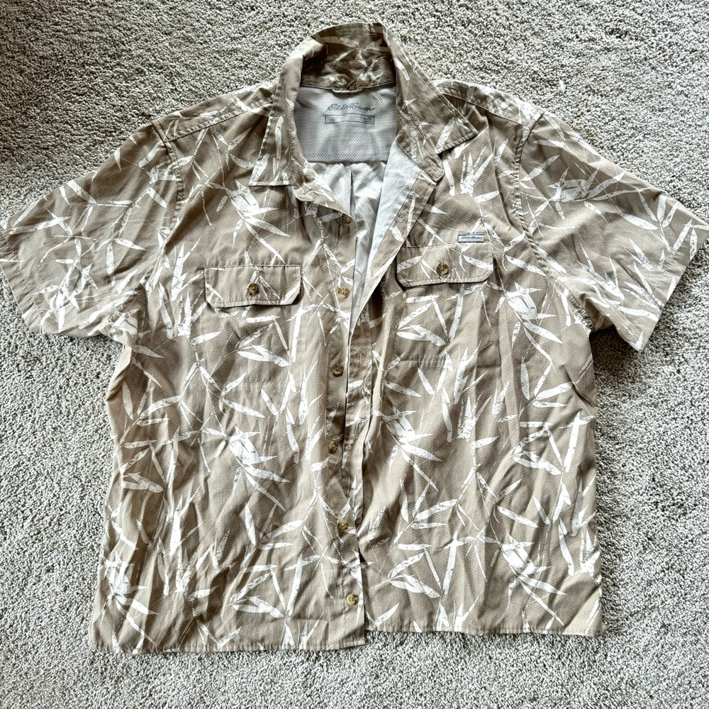 Eddie Bauer - Men’s (2XL, XXL) Tan Hawaiian Shirt, Casual Button up Top
